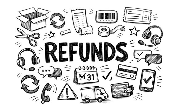 Doodle style illustration of refunds and customer service icons with the word refunds