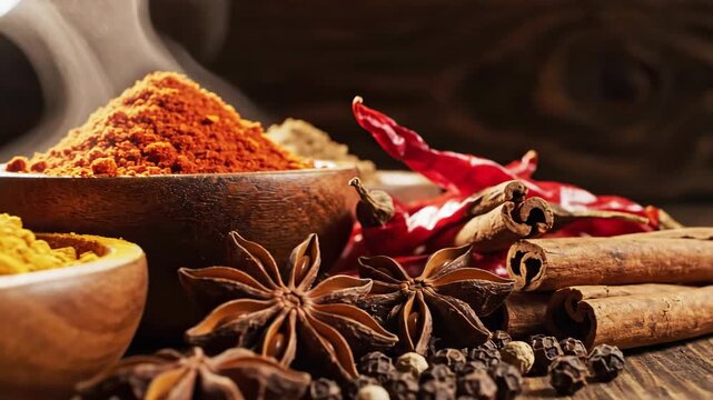 Variety of spices displayed in wooden bowls close up