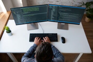 Programmer working on dual monitors with code on screens