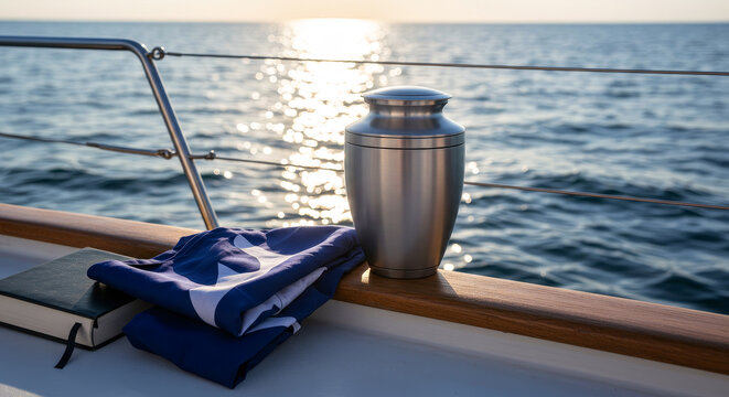 Memorial cremation urn and folded flag placed on yacht deck during sea farewell ceremony at sunset