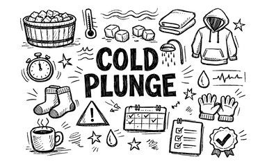 Cold plunge benefits and preparation illustrated with hand-drawn doodles