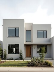 Fototapeta premium Minimalist home exterior with clean lines, modern design, and natural plants