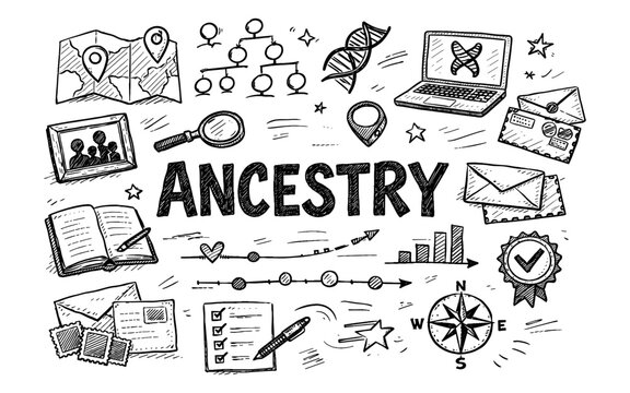 Doodle collage representing ancestry research, family tree, and DNA discovery