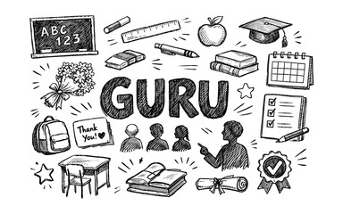 Hand-drawn doodle art celebrating teachers and education with the word GURU
