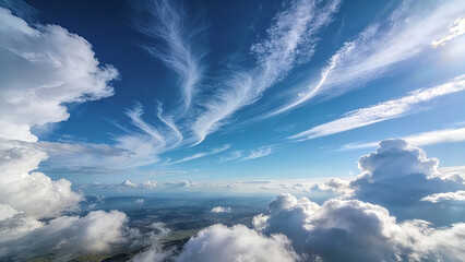 A vast, vibrant azure sky scattered with soft, light wispy cirrus clouds. Clouds, Cirrus clouds, Stratus clouds, Cumulus clouds, Cloud