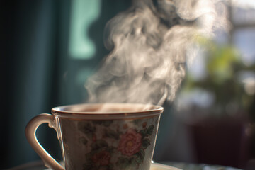 Hot coffee in an ornate cup with steam rising against a blurred background