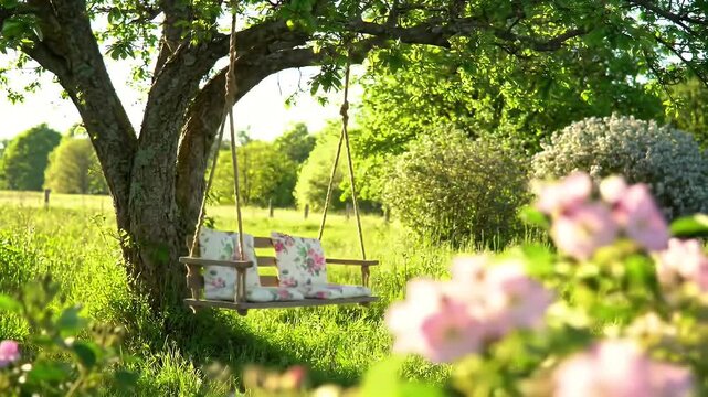 Tranquil countryside garden swing under a large leafy tree with a patterned cushion in warm sunlight