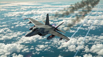 jet fighter fire and smoke emergency in flight dramatic aerial view | military, disaster, aviation, action, drama theme