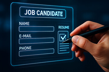 A hand holding a pen filling out a digital job candidate application form