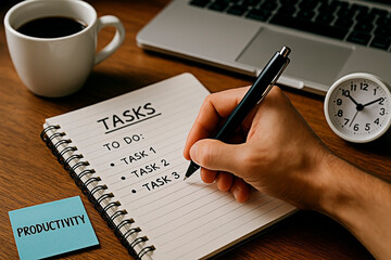 A person writing tasks on a notepad for concept of productivity and time management.
