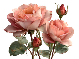 Fototapeta premium Three pastel pink rose flowers and buds isolated transparent png