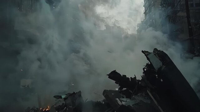 Destruction and smoke fill the air in a war torn city scene.