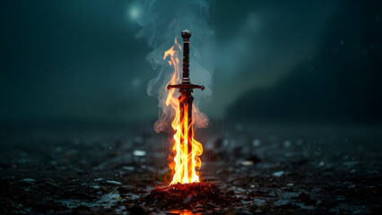 A powerful and dramatic image of a flaming sword stuck in the ground with smoke and fire rising around it, evoking a sense of strength, courage, and danger.