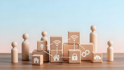 A group of wooden figurines connected through digital icons on wooden blocks, symbolizing smart home technology and internet connectivity in a modern setting from a frontal viewpoint