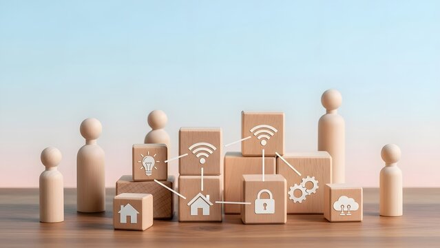 A group of wooden figurines connected through digital icons on wooden blocks, symbolizing smart home technology and internet connectivity in a modern setting from a frontal viewpoint - Powered by Adobe