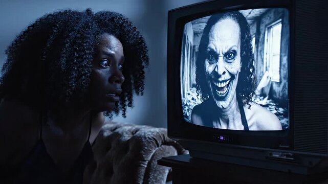 Terrified woman watches a monstrous face on an old TV screen, creating a chilling horror scene in a dark room.