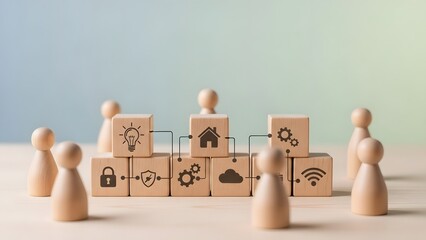 People gathered around wooden blocks with icons representing technology and connectivity