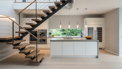 Serene Contemporary Home Interior with Floating Staircase and Modern Kitchen