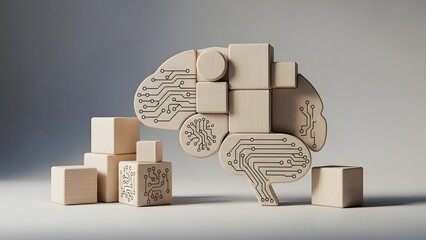 A 3D rendering of a human brain silhouette formed by beige wooden blocks, surrounded by similar blocks on a plain background.