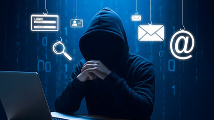 A cybercriminal in a hoodie uses a laptop for phishing and hacking activities, surrounded by digital icons representing malicious actions.