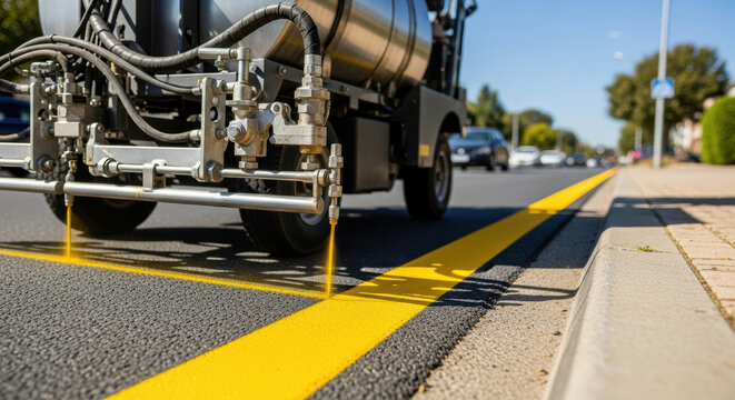 Fresh bright yellow traffic lane marking painted on asphalt road by line striping machine in urban street with passing cars safety maintenance and roadway construction