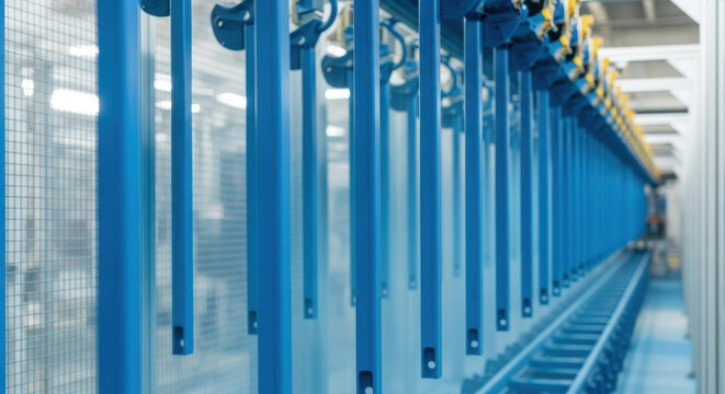 Automated blue metal conveyor hooks in industrial powder coating line inside modern manufacturing plant with selective focus on hanging components