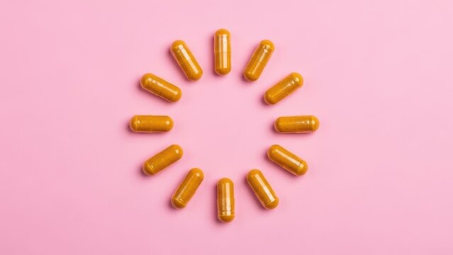 Many yellow capsules arranged in a perfect circle symbolizing health wellness natural remedies and daily dietary supplements