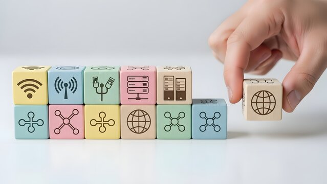 Hand placing a wooden block with global symbol on a stack of various themed blocks