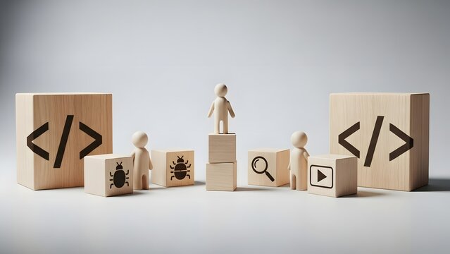 A person standing on a stack of wooden blocks with coding symbols and icons nearby - Powered by Adobe