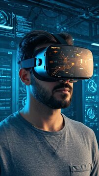 Man Wearing VR Headset Experiencing Digital World In Data Center