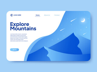 Explore Mountains Landing Page Website UI Template, Modern Abstract Blue Mountain Landscape with Night Sky Moon and Stars, Minimalist Web Design for Travel and Adventure Agency Vector Illustration
