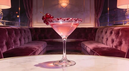 High quality stock art of cosmopolitan cocktail with cranberry twist, glamorous pink hue, velvet lou