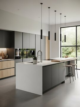 Modern minimalist kitchen interior with sleek design and natural light
