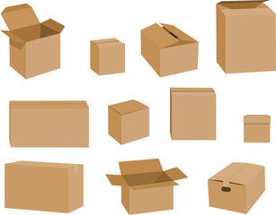Fototapeta premium Set of cardboard boxes in different sizes and shapes, including open and closed packaging boxes. Vector illustration isolated on white background, suitable for delivery, storage, moving and logistics 