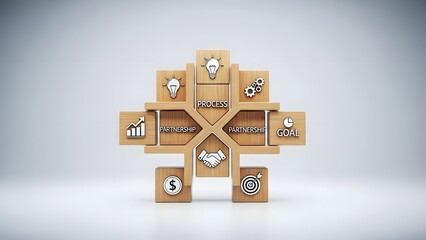 A 3D rendered wooden puzzle piece structure representing data analysis and business strategy concepts