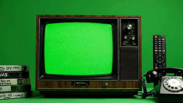 A vintage television set with a green screen, flanked by old VHS tapes, a rotary phone, and a modern remote control, all against a green background.