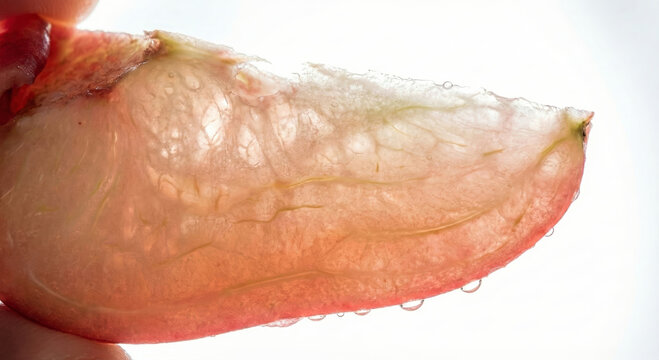 Macro Detail of Translucent Rose Apple Slice Backlit on White Background