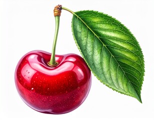 Cherry with leaf isolated on white.