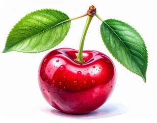 Cherry with leaf isolated on white.