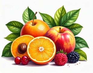 Fruit compositions with leaves isolated on white background.