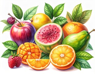 Fruit compositions with leaves isolated on white background.