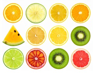 Collection of fruit slices isolated on white
