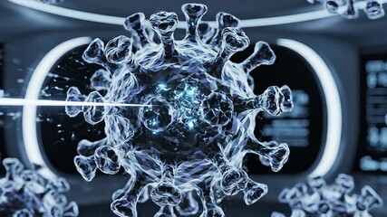 Advanced scientific research on a microscopic virus particle resembling a coronavirus being precisely targeted by a highenergy laser beam within a futuristic laboratory setting symbolizing medical br. - Powered by Adobe