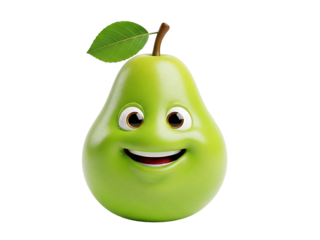 A cheerful green pear with a smiling face and a leaf on top is centered against a white background