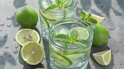 close-up lime mint cocktail glasses rotating studio shot | food, beverage, lifestyle, refreshment, product theme - Powered by Adobe