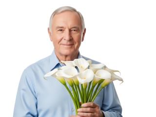 Elderly man holding a bouquet of white flowers with a gentle smile