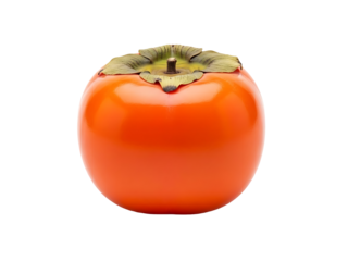 A ripe persimmon fruit is displayed on a white background from a front viewpoint.