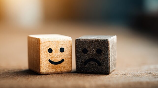 Mental health and emotional state, Smile face in bright side and sad face in dark side on wooden block cube for positive mindset selection, expression, mask, bipolar, generate by AI