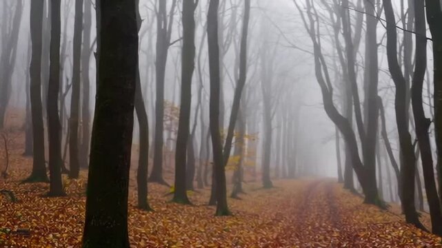 Misty Autumn Forest Path with Bare Trees and Fallen Leaves on a Foggy Day. Seamless looping 4k video background 