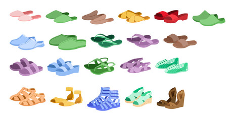 Sandal color pair set. Bright slide slippers, espadrille wedge cork flatform, fisherman gladiator huarache, slingback thong, ankle strap flip flop. Summer fashion footwear vector, colorful beach chart